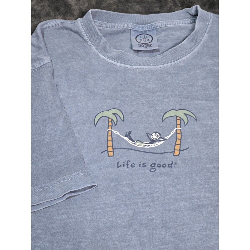 Vintage Y2K Life Is Good Hammock Jake T Shirt Mens Medium Blue Fade 100% Cotton